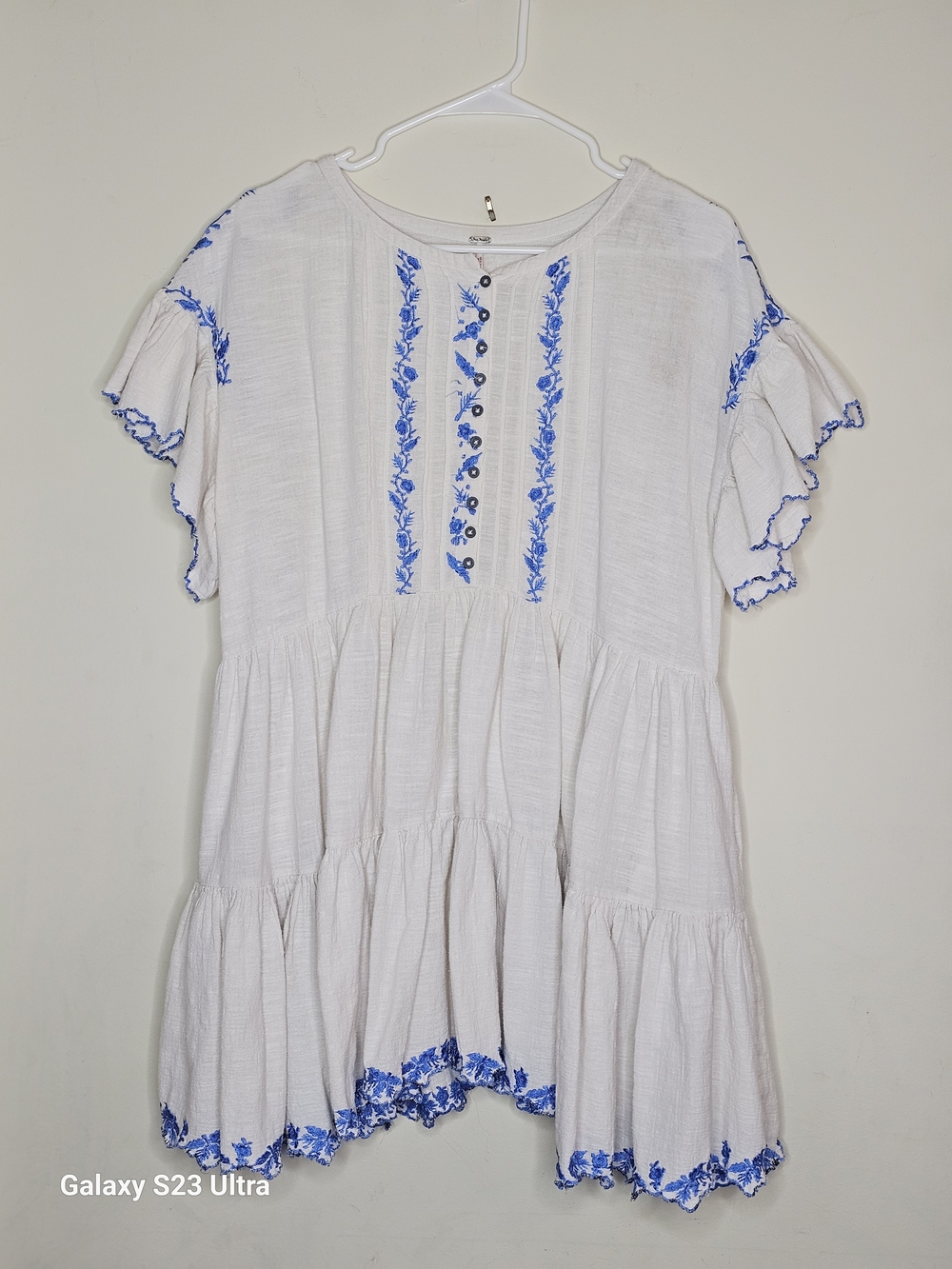 Free People Ivory Ruffle Sleeves And Blue Floral Embroidery M